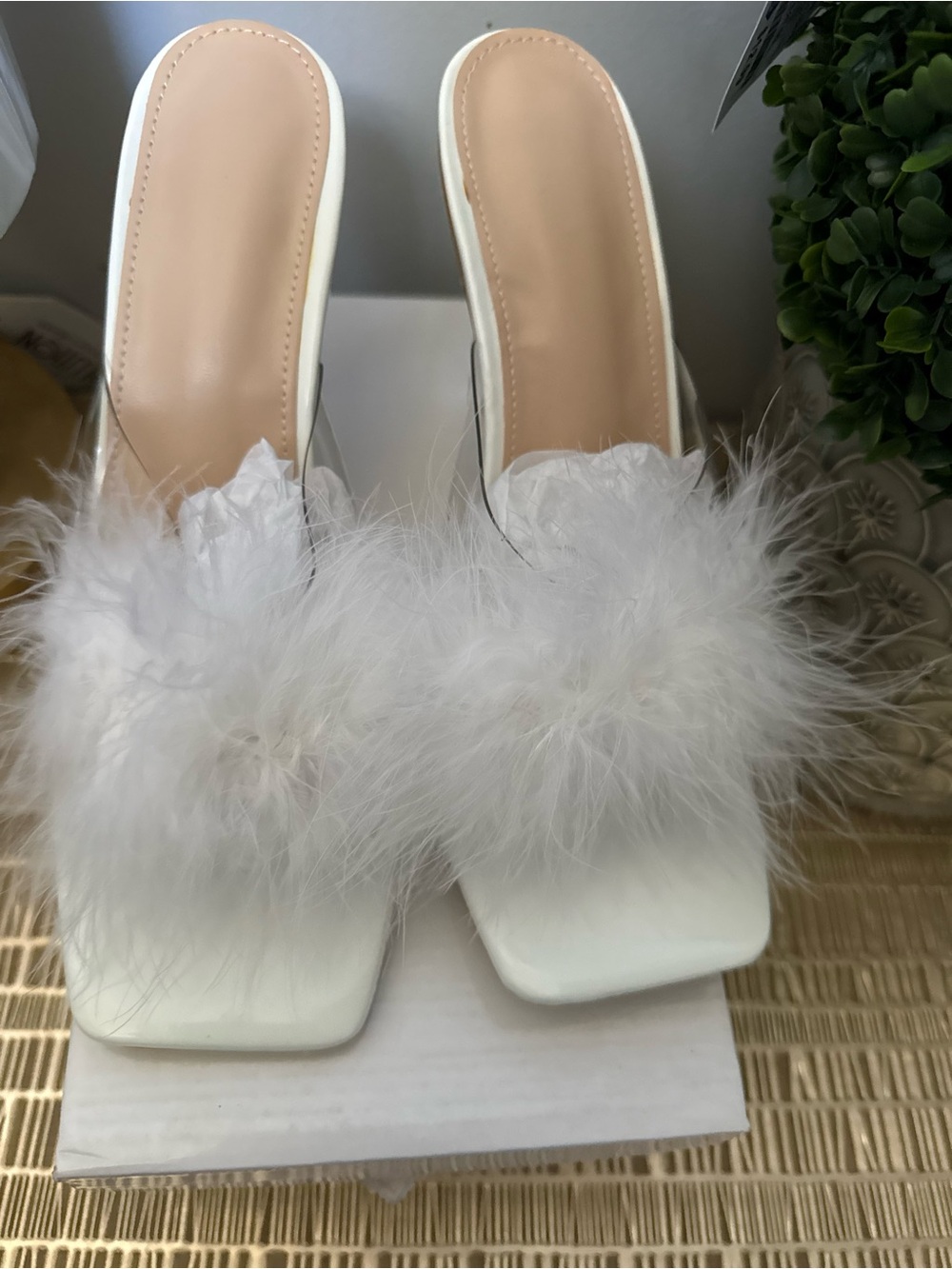 White Feather Slide Mules - Women's Elegant Slip-On Heels